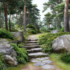 Stone steps ascend a wooded path surrounded by pine trees