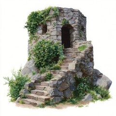 Stone tower with ivy covered entrance and stone steps