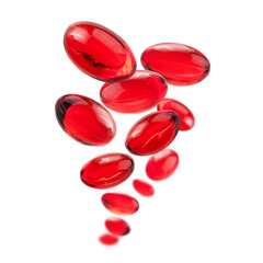 Red capsules levitate on a white background