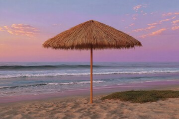 Thatched Beach Umbrella at Sunset Over Ocean Waves