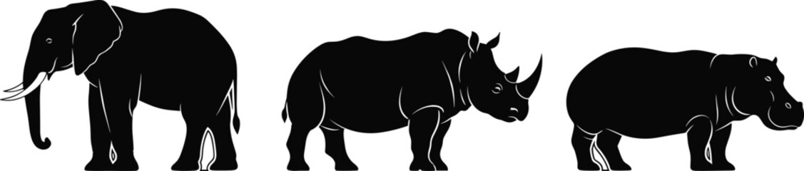 Silhouette comparison of elephant, rhinoceros, and hippopotamus in side profile for wildlife, nature, zoology, and educational vector content