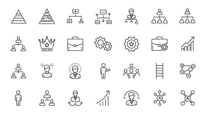 A comprehensive set of thin line icons representing organizational hierarchy, leadership, and management concepts, featuring editable strokes and a minimalist design on a clean white background