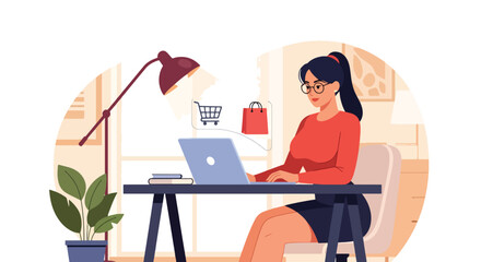 Flat vector of woman browsing an online store on laptop, product cards floating and shopping cart icon highlighted. Modern clean illustration in solid colors, ideal for e-commerce landing pages