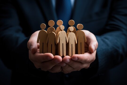 Unity and Support: A figure tenderly cradles a collection of wooden figures, symbolizing community, teamwork, and the importance of support.