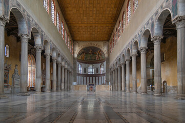Interior of the Basilica of Santa Sabina, central nave and colonnade, Aventine Hill, Ripa district, Rome, Italy