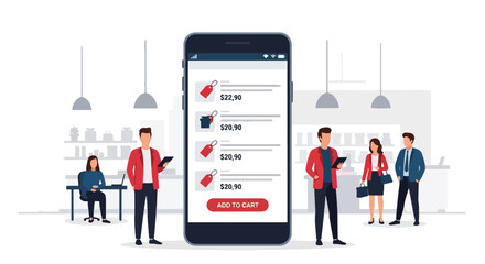 Flat vector of large smartphone displaying product listing cards with user tapping “add to cart”. Bold solid-color illustration, ideal for app UI, mobile commerce banners