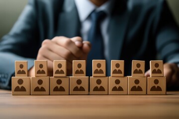 Strategic Workforce Planning: A skilled professional carefully aligns wooden blocks, each adorned with a stylized human figure, symbolizing strategic workforce planning.