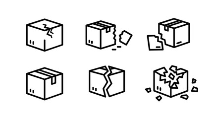 Set of six line art icons depicting damaged cardboard boxes, illustrating concepts of broken packages, shipping accidents, and delivery mishaps, presented on a clean white background for versatile