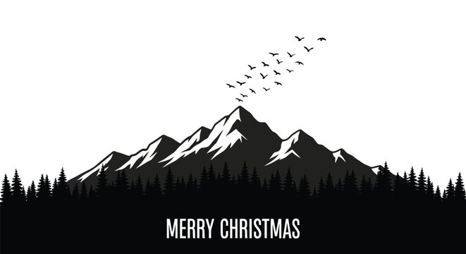 Silhouette of majestic snow capped mountains and pine forest with flock of birds flying above and merry christmas text