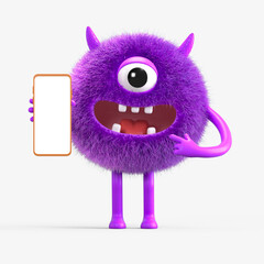 Fluffy, cute monster presents a phone, symbolizing digital interaction. 3D rendering, conceptual image. Isolated on white background.