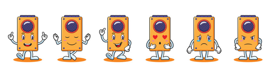 Cute speaker instrument characters bundle suitable for kids products. Retro Music Cartoon Characters Vinyl Drum Speaker Harp Radio vector illustration.