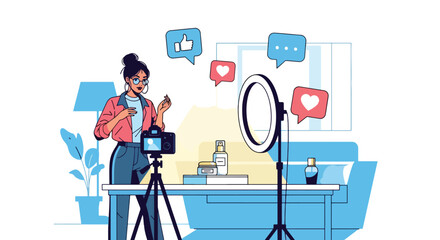 Flat vector influencer recording product review with camera, ring light, and floating engagement icons. Solid color palette, ideal for influencer marketing, product launch promotions, and social ads