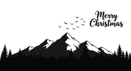 Silhouette of snow capped mountains and pine trees with birds flying and merry christmas text above