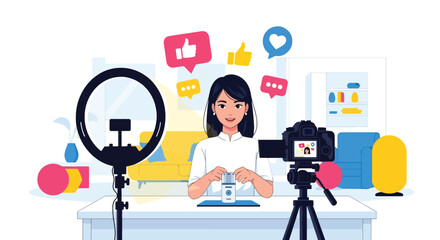 Flat vector influencer recording product review with camera, ring light, and floating engagement icons. Solid color palette, ideal for influencer marketing, product launch promotions, and social ads