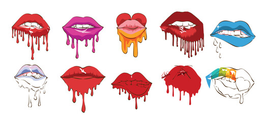 Set of vibrant lip illustrations with dripping paint effects in various colors and styles, isolated on a white background. Dripping lips set collection graphic clipart design, vector illustration.