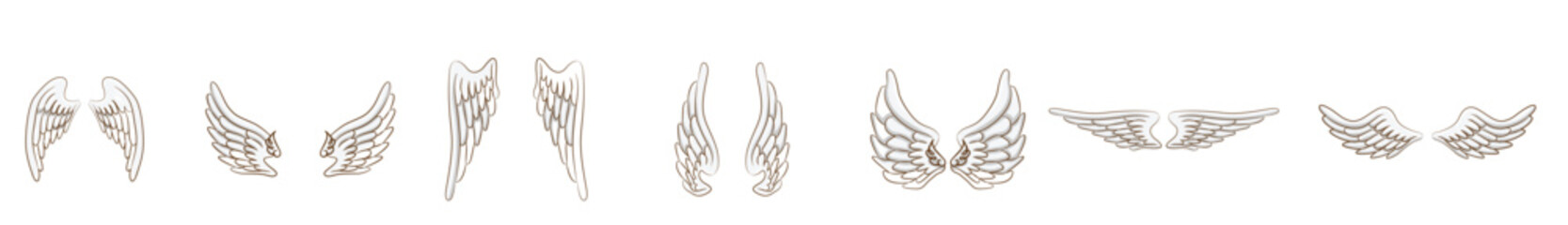 Wings icons. Set of black wings icons. Bird wings, angel wings elements. Wings Collection in different shape. Angel wings in heaven hawk feather wing pattern. Vector illustration.
