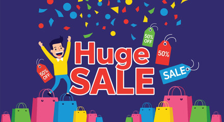 Flat vector scene with huge SALE title, discount icons and bags, excited customer holding shopping items. Ideal for seasonal campaign banners and sale announcements