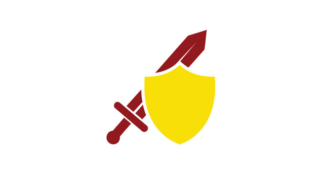 A bold red sword and yellow shield design striking graphic silhouette