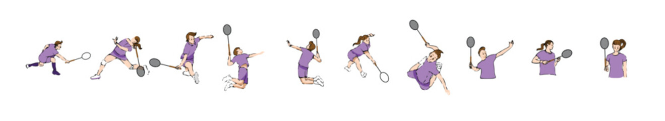 Dynamic badminton player silhouettes vector illustration set  sport graphic icon White background. Collection of badminton silhouettes in different posses clipart vector illustration.