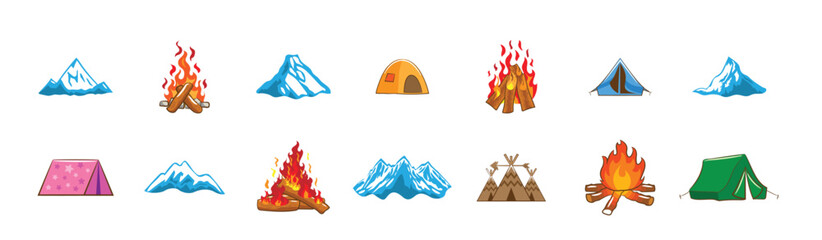 Camping and outdoor adventure icons set. Collection of flat design icons representing outdoor adventure and camping activities, including mountains, tents, backpacks, hiking boots, campfires.