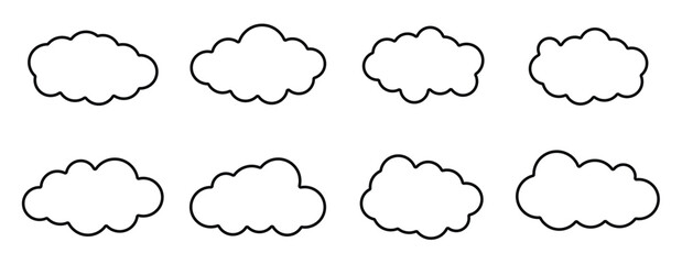 Set of six simple hand drawn outlined clouds for weather and climate related designs. Cloud icon in modern stroke line style. Vector 10 eps, vector illustration.