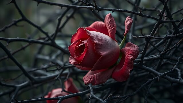 withered. A tangle of thorny branches with a withered rose, thorns piercing fallen petals. gardening catalogs, home-decor guides, designed for gardening and botanical catalogs, celebrates nature.