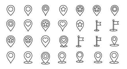 Collection of map pin line icons, featuring various designs including simple pins, pins with stars, hearts, and concentric circles, alongside flag icons, perfect for graphic and web design, apps