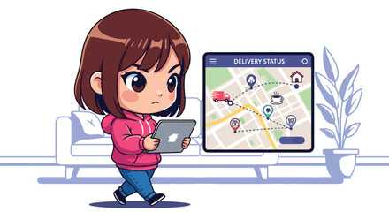 Chibi user checks delivery progress on tablet with map and tracking steps. Cute pastel vector in solid palette, ideal for order tracking screens, customer updates, and delivery UX flows