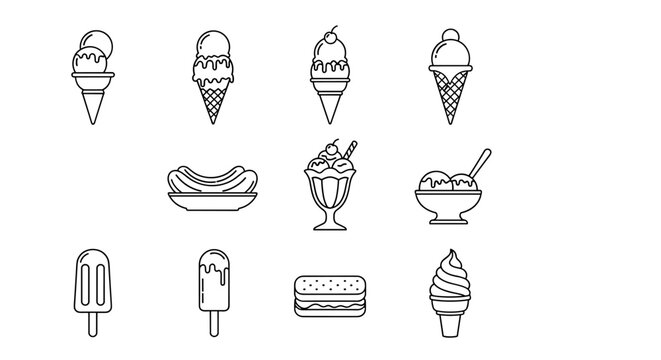 Collection of stylized line art icons representing various frozen desserts and snacks, including ice cream cones, sundaes, popsicles, and a sandwich, all presented on a clean white background for - Powered by Adobe