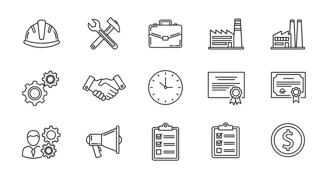 A clean and modern vector icon set representing various aspects of labor and industry, featuring a hard hat, tools, gears, handshake, briefcase, factories, clock, certificates, checklist, megaphone