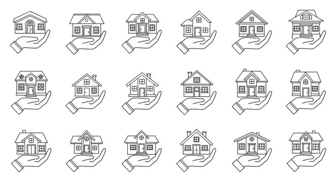 Collection of outline icons representing private houses held over open hands, symbolizing real estate, home ownership, and property management, perfect for graphic and web design, apps, adverts, and