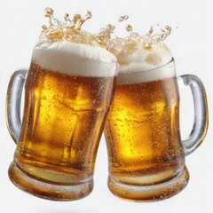Two Frothy Beer Mugs Clinking With Splashing Liquid