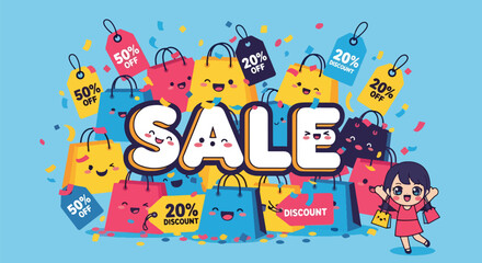 Big cute SALE typography with smiling shopping bags and discount icons. Pastel solid flat vector, ideal for seasonal sales banners and ecommerce promotion campaigns