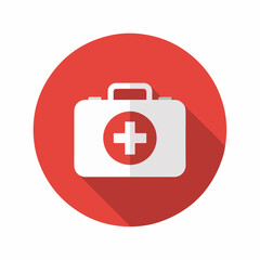 Red Medical First Aid Kit Icon with White Cross – Healthcare Emergency Symbol on Round Background