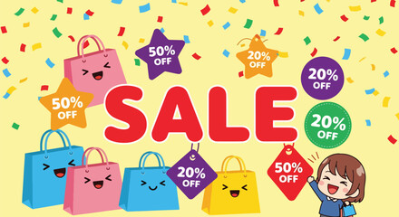 Big cute SALE typography with smiling shopping bags and discount icons. Pastel solid flat vector, ideal for seasonal sales banners and ecommerce promotion campaigns