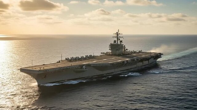 Majestic aerial view of a US Navy aircraft carrier warship sailing through the open ocean during a beautiful golden hour sunset. Power