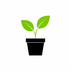 Green Plant in Black Flowerpot Icon – Minimal Botanical Growth Symbol on White Background
