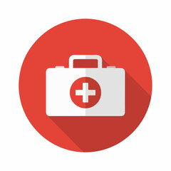 Obraz premium Red Medical First Aid Kit Icon with White Cross – Healthcare Emergency Symbol on Round Background