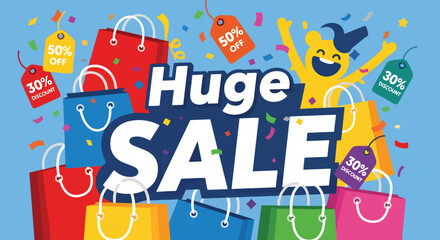 Big cute SALE typography with smiling shopping bags and discount icons. Pastel solid flat vector, ideal for seasonal sales banners and ecommerce promotion campaigns