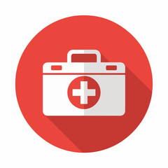 Red Medical First Aid Kit Icon with White Cross – Healthcare Emergency Symbol on Round Background