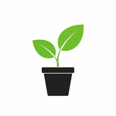 Green Plant in Black Flowerpot Icon – Minimal Botanical Growth Symbol on White Background