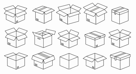 Open and Closed Cardboard Box Icons – Vector Packaging and Shipping Line Art Set