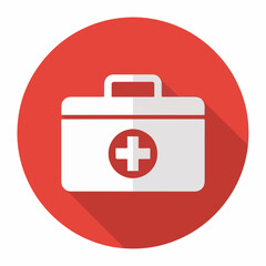 Red Medical First Aid Kit Icon with White Cross – Healthcare Emergency Symbol on Round Background
