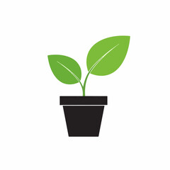 Green Plant in Black Flowerpot Icon – Minimal Botanical Growth Symbol on White Background