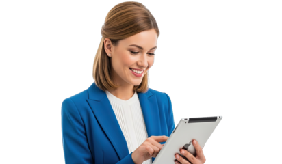 Young businesswoman in a blue jacket smiling while using a tablet, confident professional portrait, isolated on transparent background. | Generative AI