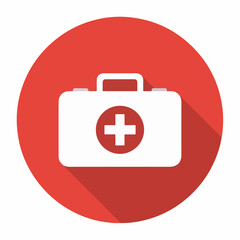 Red Medical First Aid Kit Icon with White Cross &ndash; Healthcare Emergency Symbol on Round Background
