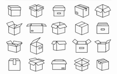Open and Closed Cardboard Box Icons – Vector Packaging and Shipping Line Art Set