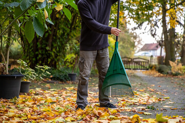 Laub zu Hause auf dem Hof im Herbst zusammenfegen.