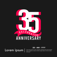 35th years anniversary celebration emblem. modern anniversary logo isolated with red ribbon on black background. vector illustration template design for web banner, flyers, poster, greeting card