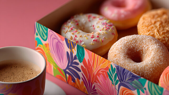 Colorful box of assorted donuts with sprinkles and sugar sits next to cup of coffee on pink background, creating vibrant and inviting scene